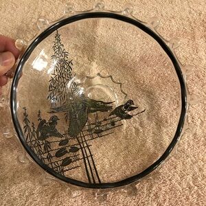 Vintage Heisey Glass Lariat Silver Overlay Footed Plate 8” Round Ducks
